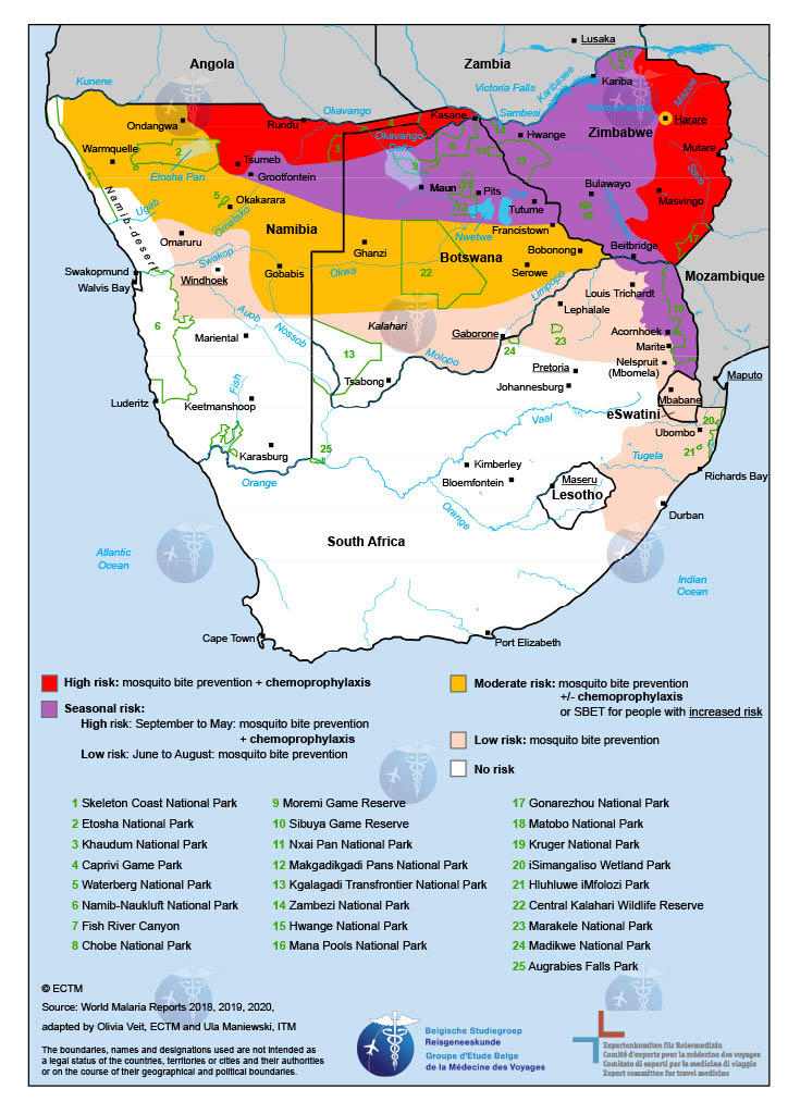 Malaria Map of Southern Africa: map showing areas with malaria coloured according to risk level. 