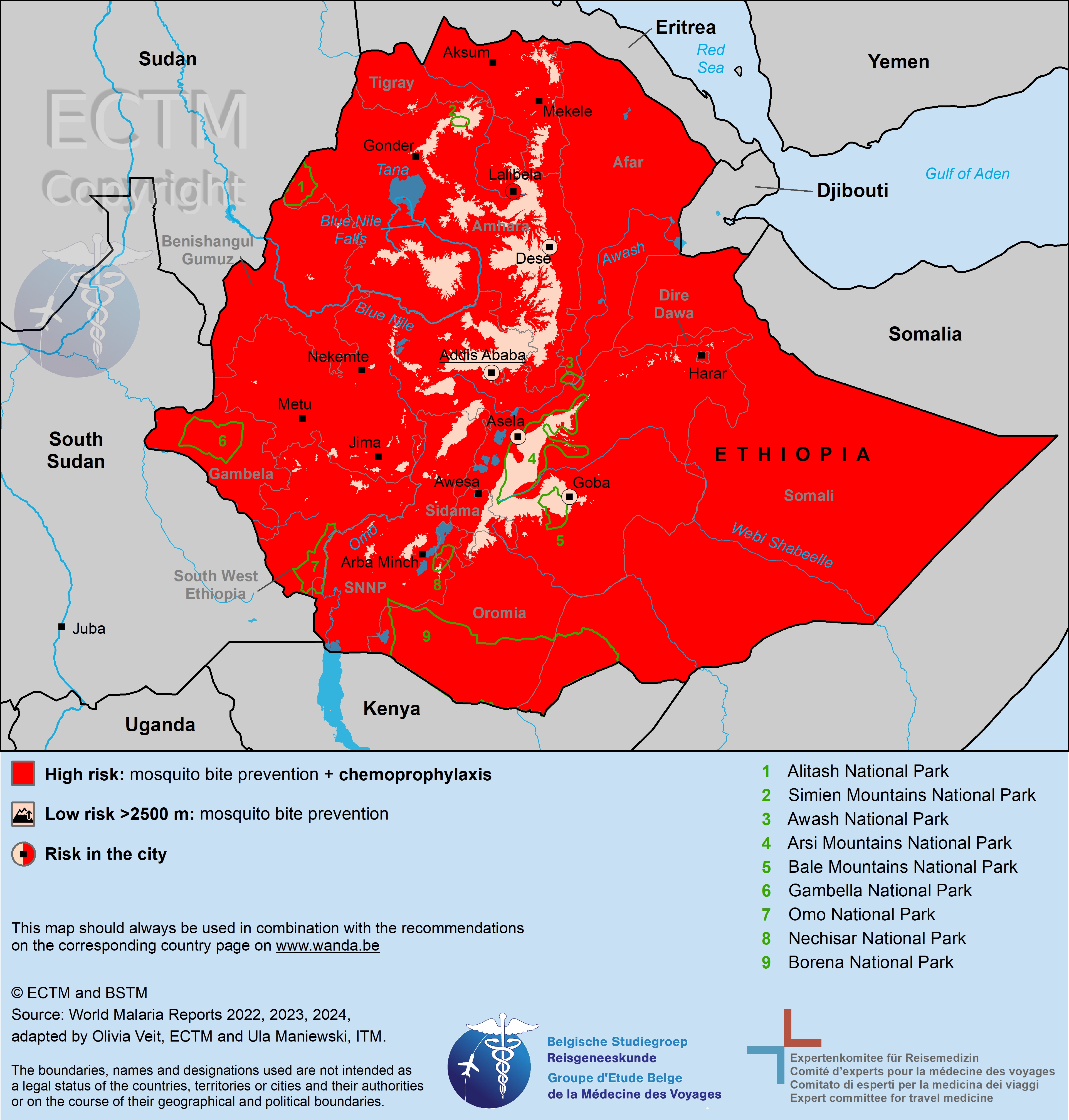 Map of Ethiopia with malaria risk areas