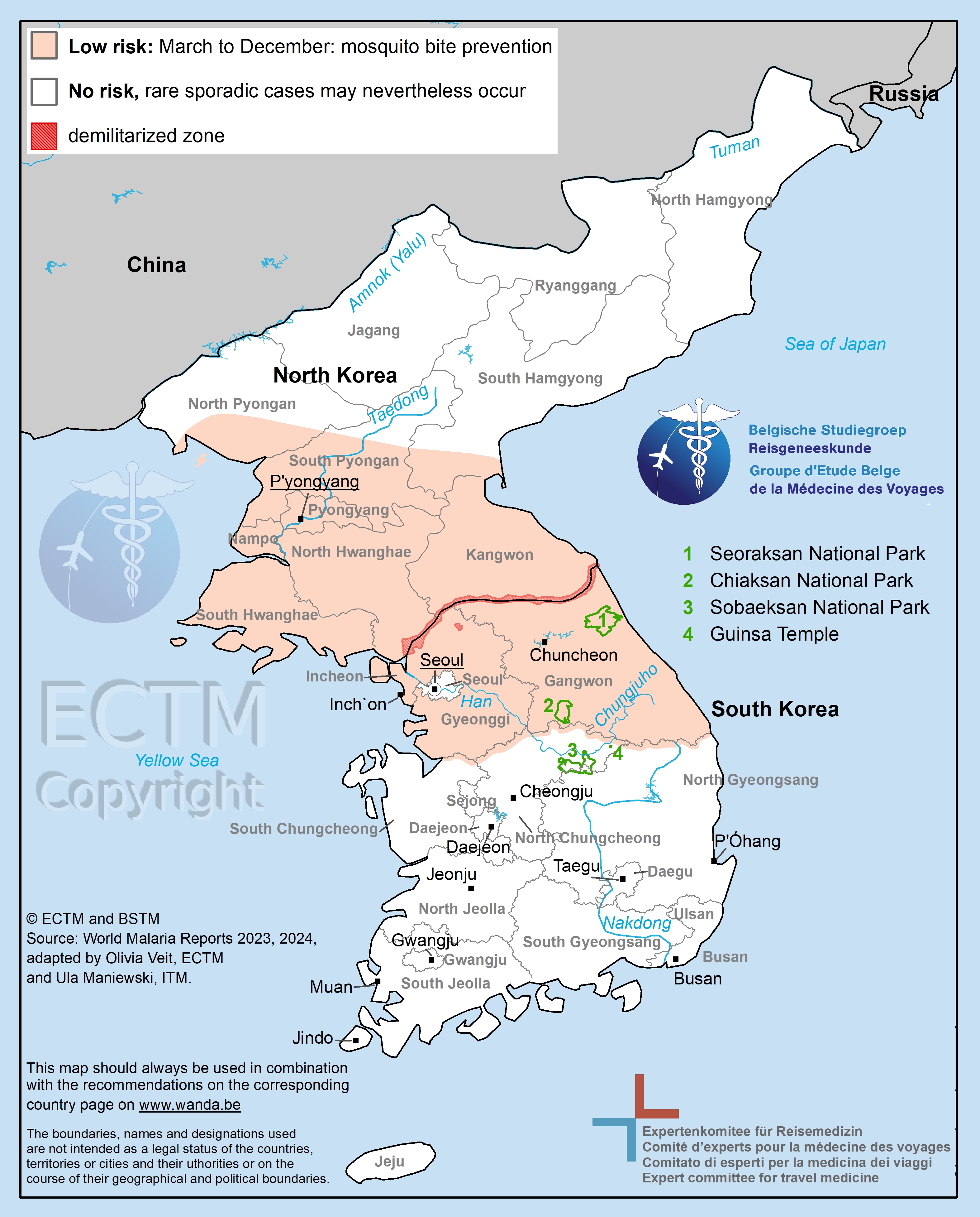 Map of Korea with malaria risk areas