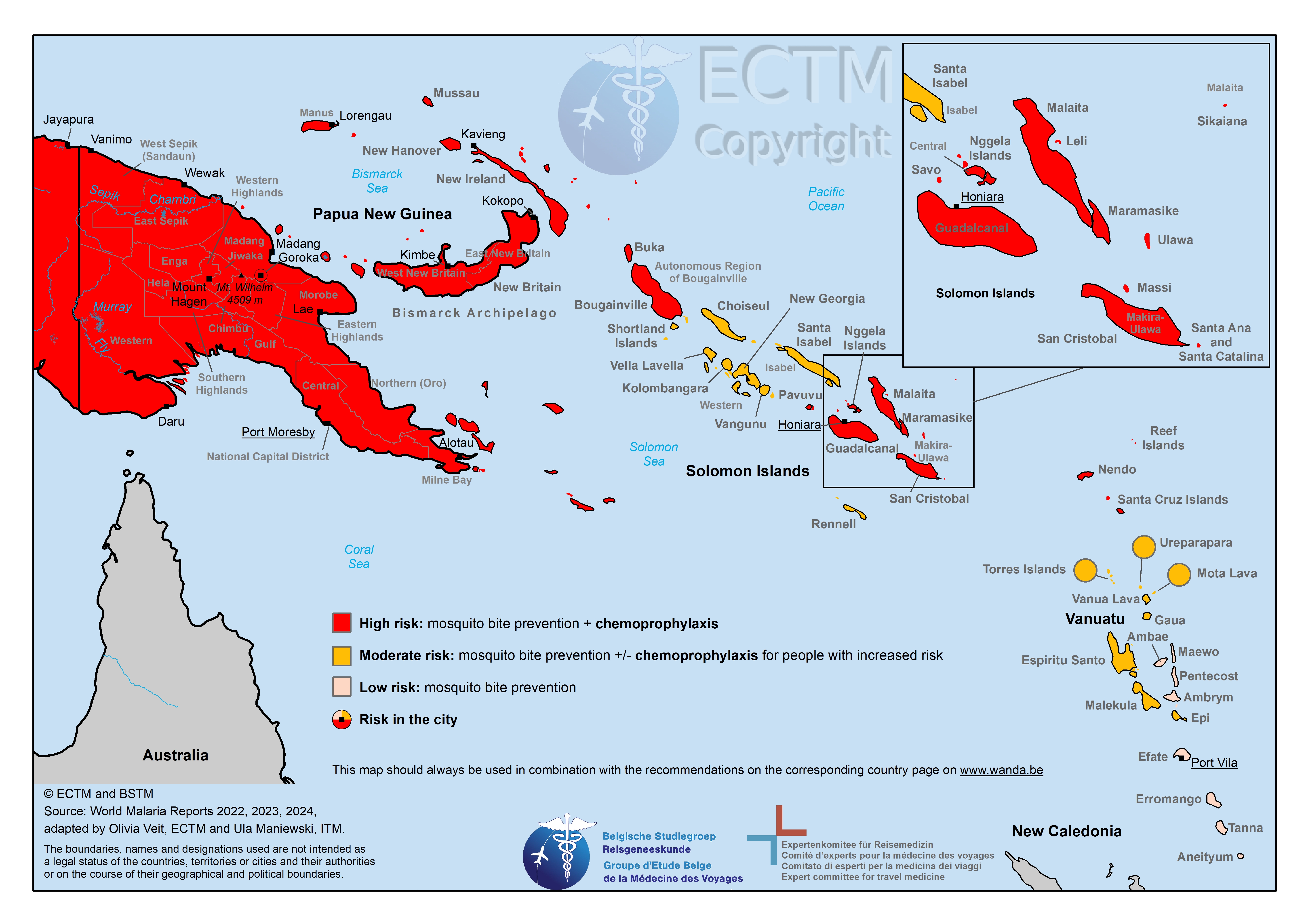 Map of Oceania with malaria risk areas
