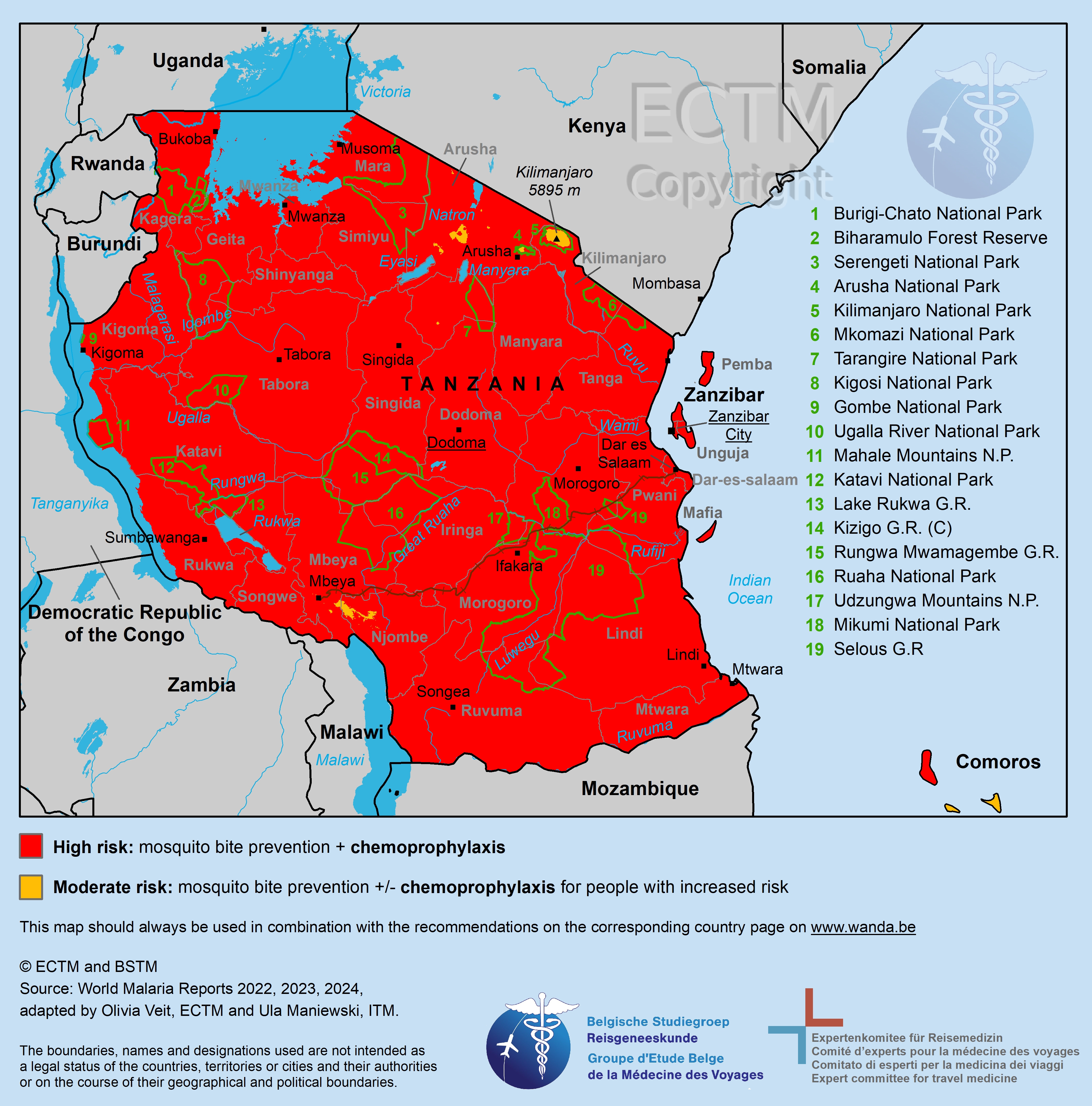 Map of Tanzania with malaria risk areas