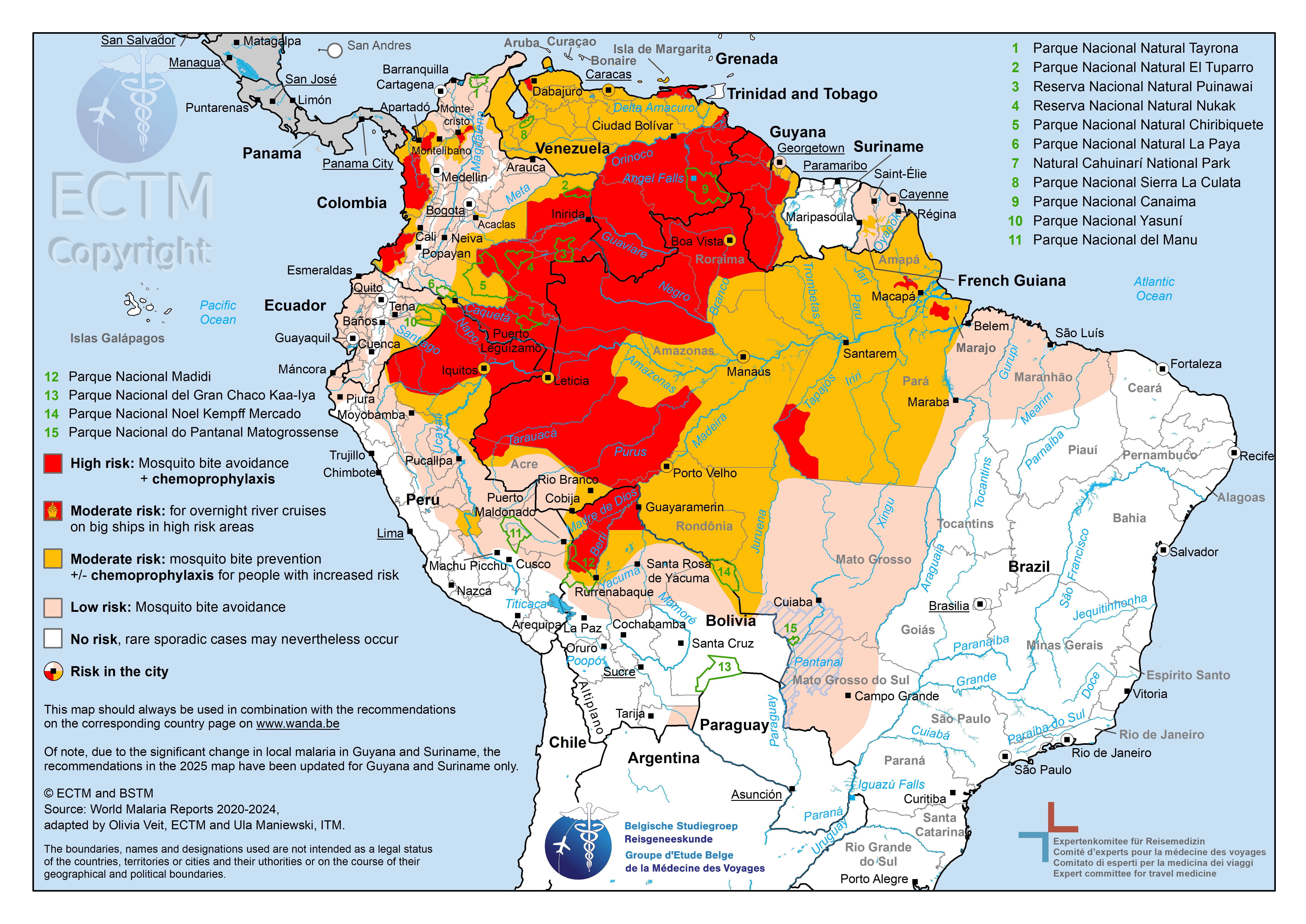 Map of South America with malaria risk areas