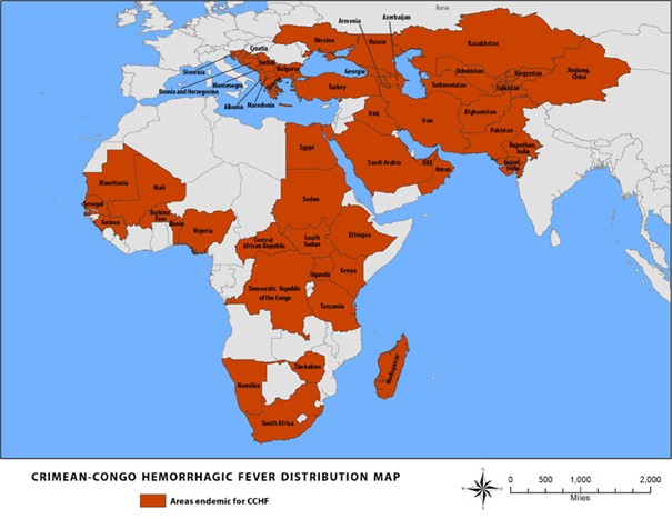 Map showing the distribution of Crimean-Congo haemorrhagic fever.