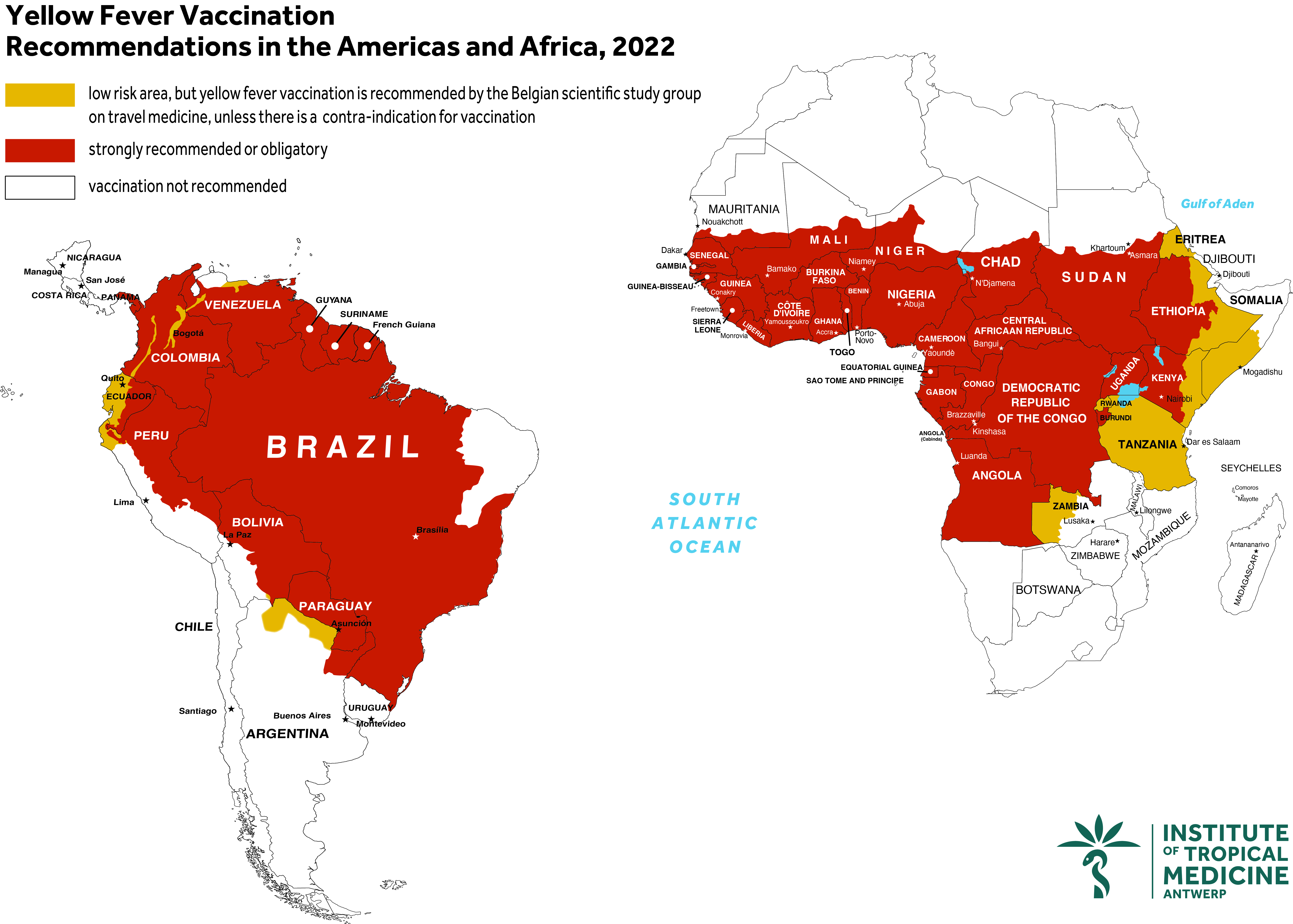 Map with yellow fever areas: map of Latin America and Africa, in which areas at risk of yellow fever are coloured red or orange.